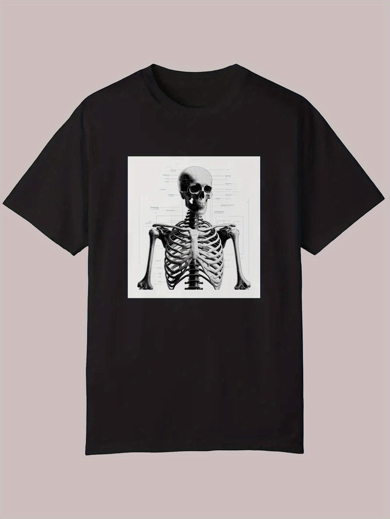 Black Graphic Skeleton Print Casual T-shirt - 100% Polyester Round Neck Summer Tee XXL