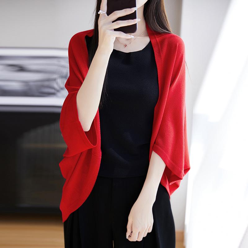 

Tencel Lyocell Sunscreen Shawl - Lightweight Spring/Summer Loose Knit Cape Cardigan Extra Large червоний