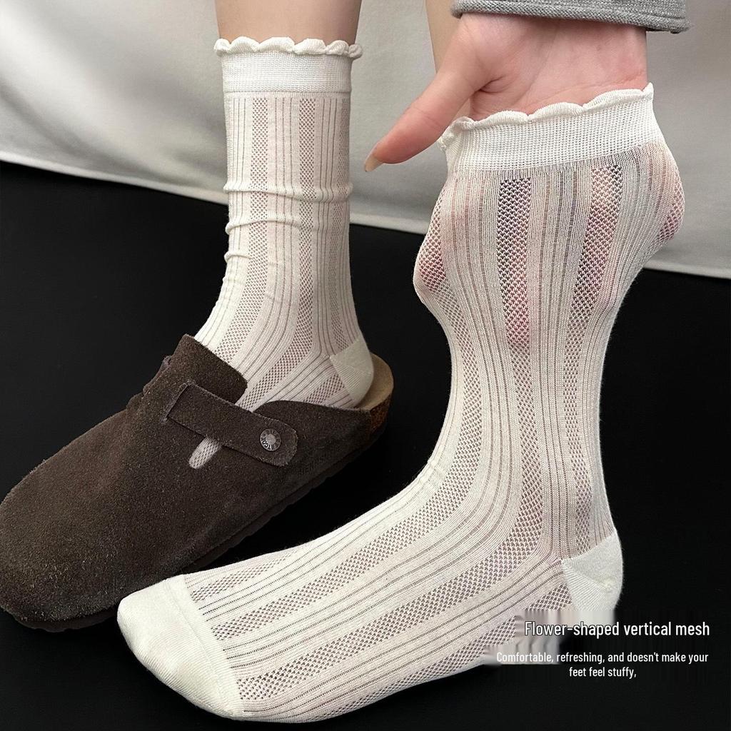 Women's Breathable Cotton Lace Mid-Calf Socks - Soft, Comfortable & Sweat-Absorbent for Commuting.