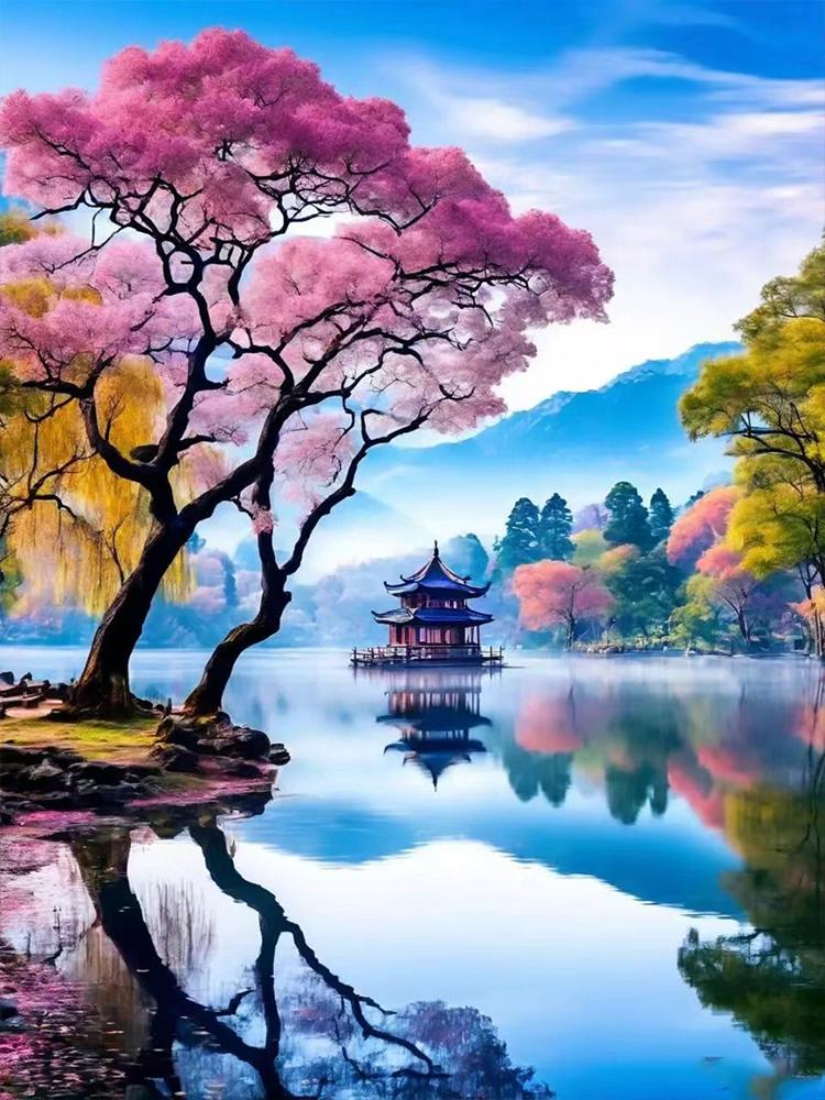 5D DIY Diamond Painting Landscape Mosaic Landscape Mountains and SeasSakura Tree Cross Embroidery Home Wall Art Decoration