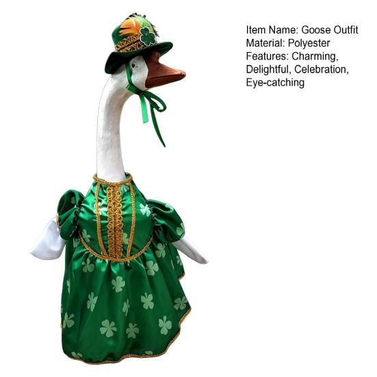 St. Patrick's Day Goose Outfit Irish Shamrock Porch Goose Clothes Fits 23" Cement Plastic Goose Statue for Outdoor Patio Lawn Yard Garden Decoration