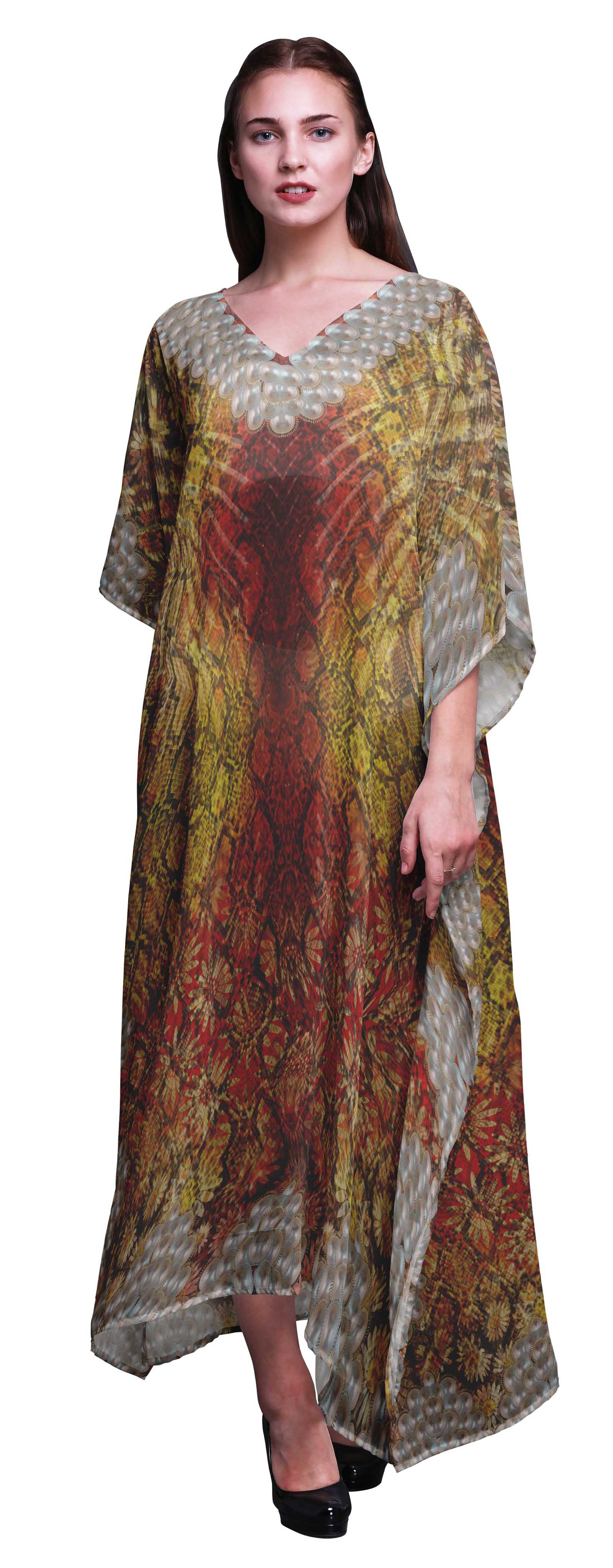 

Phagun Клітчастий та Квітковий Художній Жіночий Кафтан Святковий Домашній Одяг Максі Сукня Пляж XL-3X жовтий