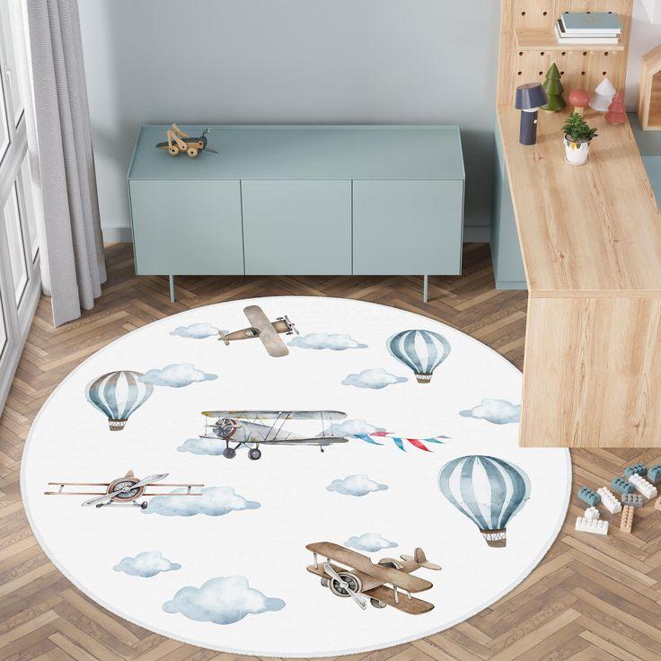 Round Kids Carpet With Cartoon Map Road Track Hot Air Balloon Airplane Car Other Patterns NonSlip Mat For Kids’ Room Home Decor