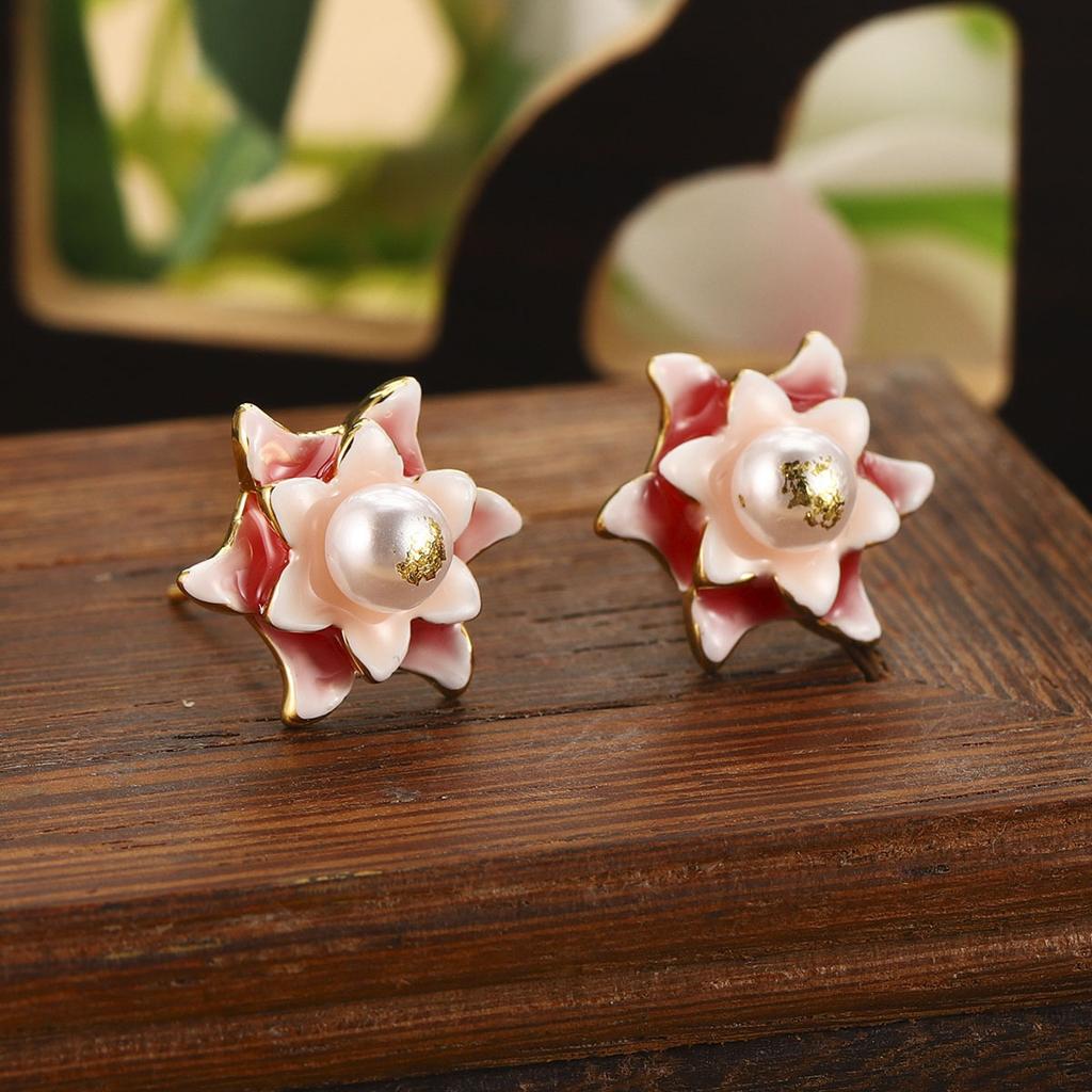 Natural Pearl Flower Oil Drop Earrings Oil Painting Series Enamel Geometric Butterfly Earrings Jewelry Niche Fashion Women