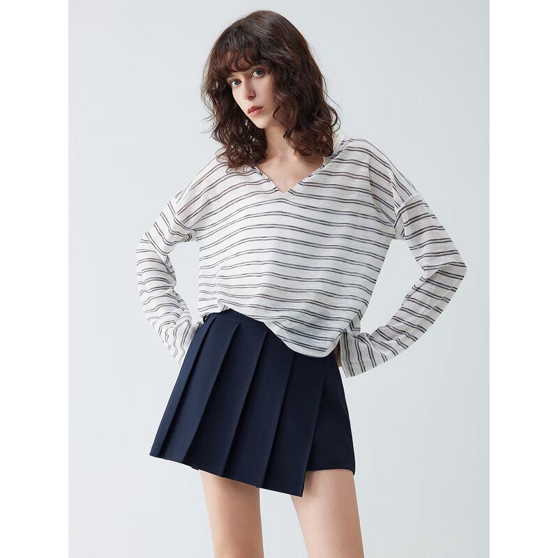 ELLE Striped V-Neck Knit Sweater M