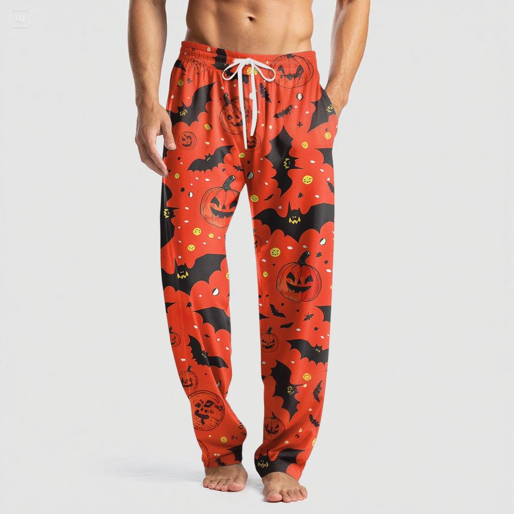 Men's Knitted Halloween Print Pocket Casual Pants Pajama Pants