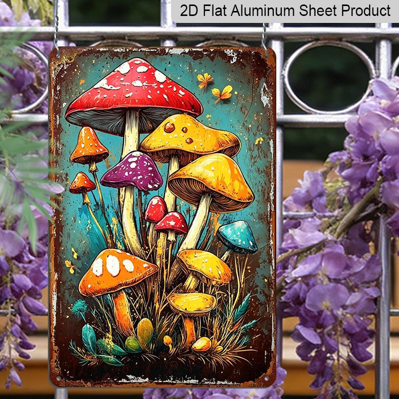2D Flat, Vintage Colorful Mushrooms Aluminum Sign - Retro Forest Wall Decor Cabin Decor, Forest Themed Room, Rustic Home, Witchy Space, Plant Lover