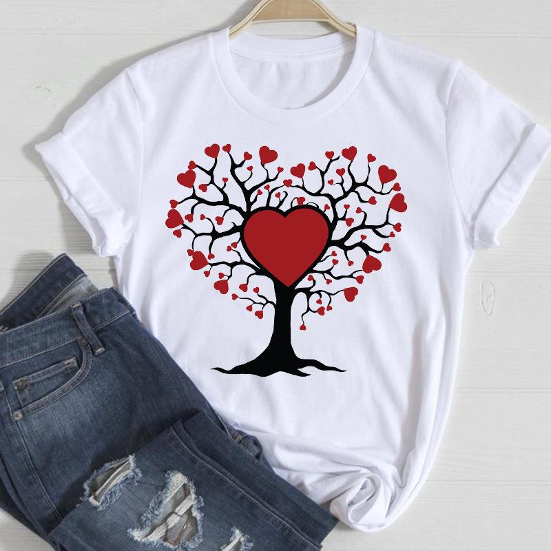 Sommar Dammode Tryckta Läppar Ren Bomull Rund Hals Lös T-shirt Dam