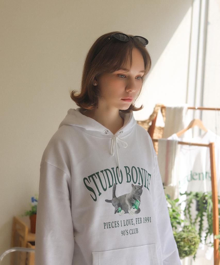 [Fleece Lined] Flying British Cat Cat Graphic Logo Oversized Hoodie White