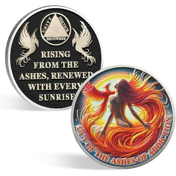 CHURYUML Sobriety Gifts for Women Phoenix Sobriety Coin Non-Religious AA Coins Sober Chip Recovery Anniversary Medallions Affirmation Tokens