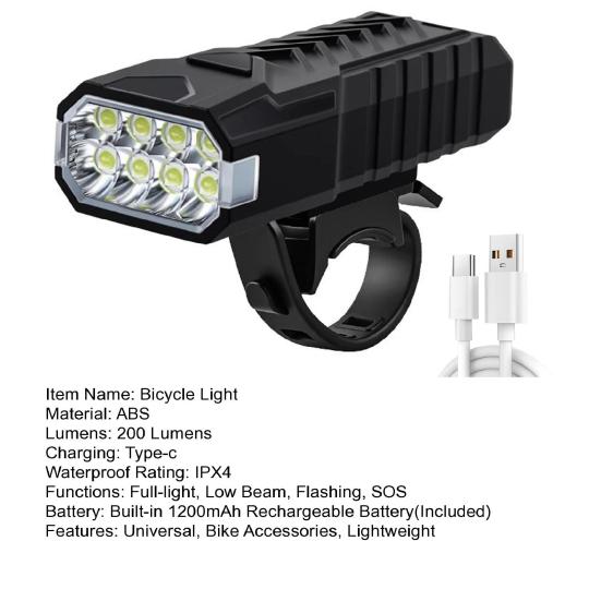 Bicycle Headlight 4 Modes Adjustable IPX4 Waterproof High Lumens Rechargeable Universal MTB Road Mountain Bike Rubber Strap Night Riding Front Lamp