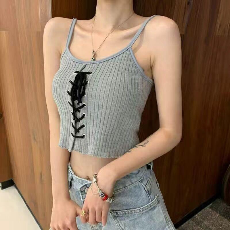 Top corto senza maniche in maglia bianca con schiena scoperta, stile gotico grunge Y2k, da donna, kawaii, carino, estivo, alla moda, con lacci.