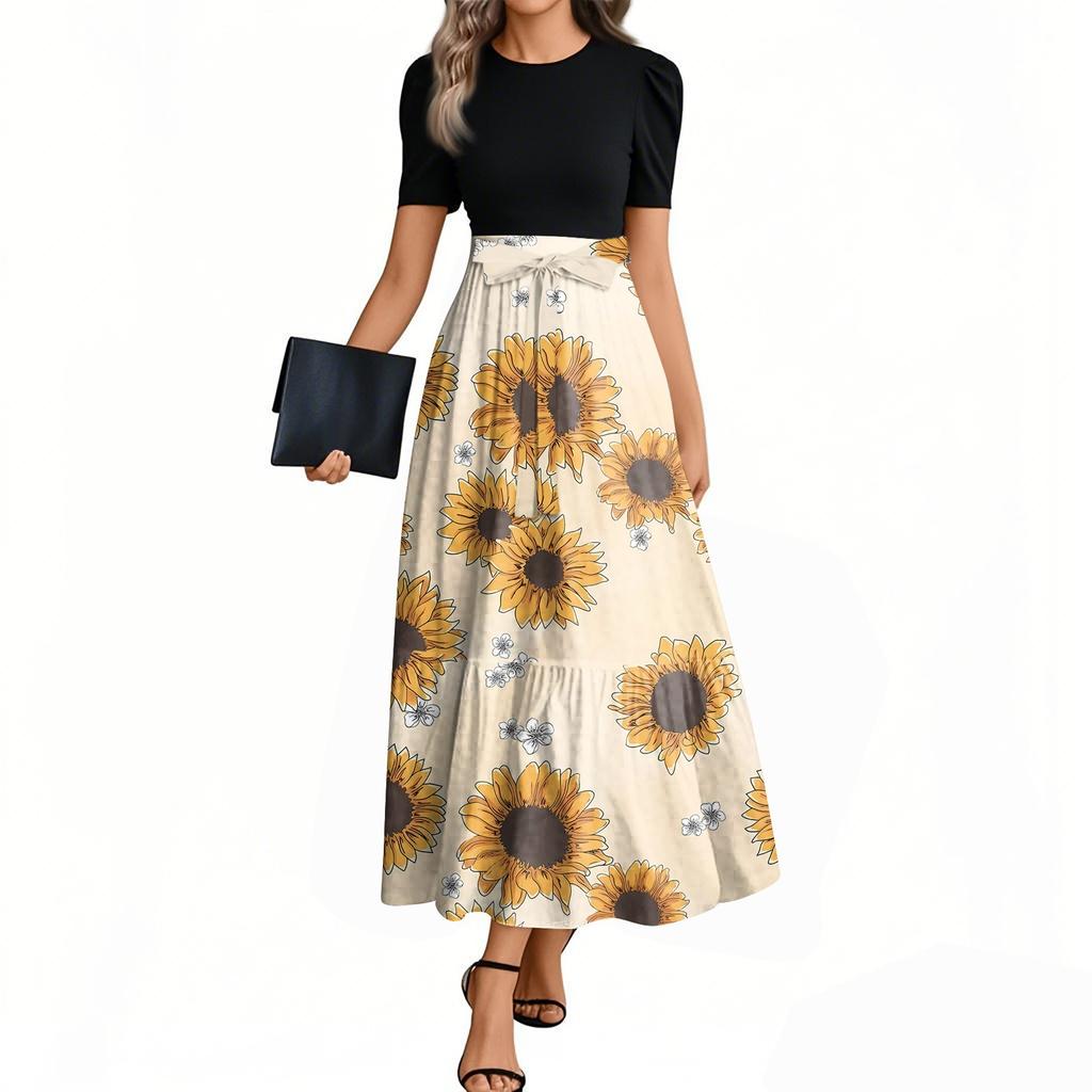 Women's Fashion Casual Belt Short Sleeve Round Neck Floral Stitching Elegant Temperament Dress