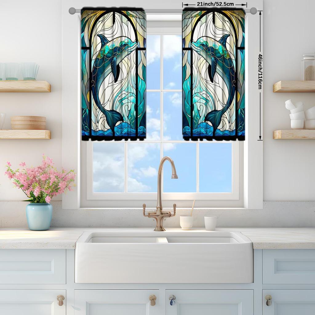 2-Panels Stained Glass Dolphin Decorative Curtains   Semi Transparent Without Lining   Durable Polyester Fiber Curtains