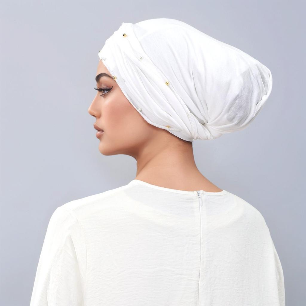 Muslim Women Turban Hijab New Ramadan Pearl Decor Solid Color Pleated Head Wraps Elastic Beanies Hijab Hat Classic Headscarf