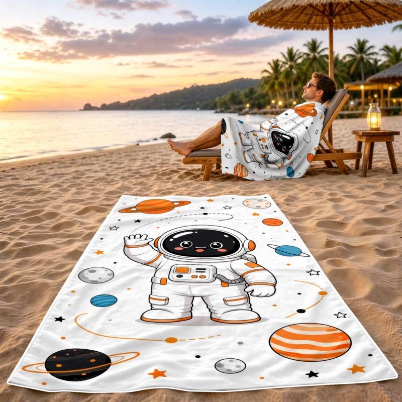 Cartoon Astronaut Space Microfiber Beach Towel 1 Piece Set 2D Flat Printed Sandproof Waterproof Holiday Sea Pool Sunbed Towel