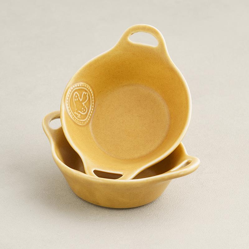 Flying Bird Yellow Double-handled Ceramic Dessert Dish for Salad, Yogurt, or Steamed Eggs