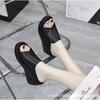 2025 new soft leather wedge cool slippers women's summer wear fashion Internet celebrity muffin thick bottom one word cool slippers