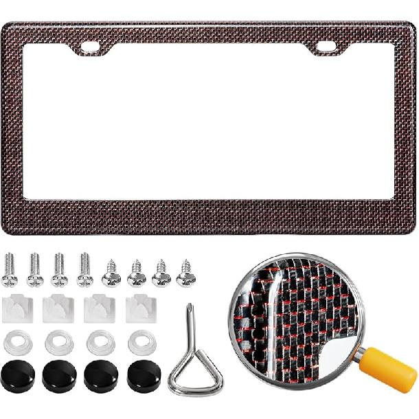Real Carbon Fiber License Plate Frame, 100% Pure Carbon Fiber Frame, Black License Plate Holder Cover With Screw Caps, Anti-Vibration Pads, (Twill 2