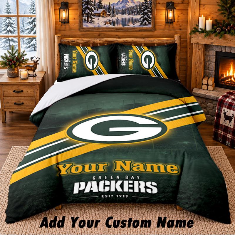 Green Bay Packers Pattern Bedding 3Pcs Set Custom Name, Bed Sheet And Pillowcases For Home Bedroom