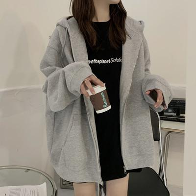 Korean Fashion Hoodies Women Oversized Harajuku Zip Up Sweatshirts Female Basic Autumn Solid Color Thin Overcoat