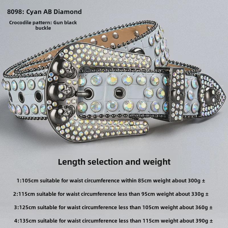 Curea de lux cu cataramă cu strasuri și craniu închis la culoare, cu paiete și diamante