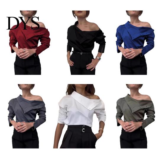 Versatile Women Top Shirt Button Splicing Turtleneck Long Sleeves Casual Loose Fit Solid Color Off-shoulder Blouse