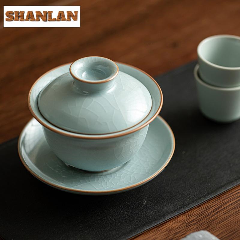 145ml Azure Ru Kiln Ice Cracked Glaze Gaiwan Handmade Copper Coin Base Tea Tureen Tea Brewing Cover Bowl Teaware Decoration Gift