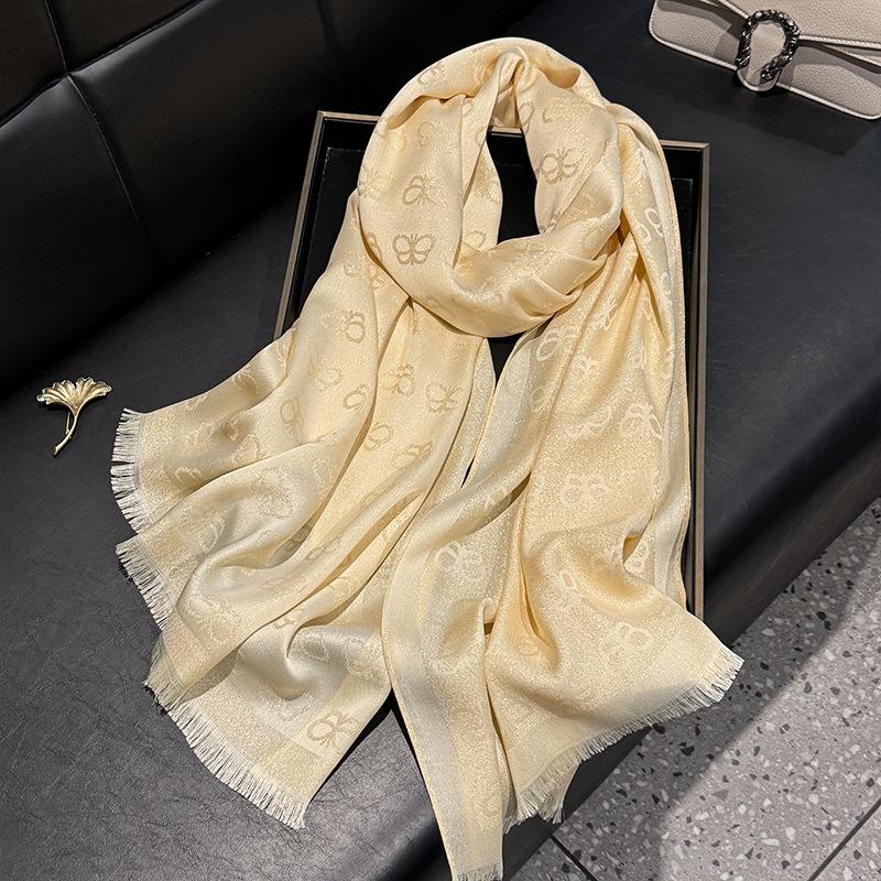 Simulation Silk Fashionable And Elegant High-End Long Silk Scarf Short Beard Shawl Long Scarf Tencel Cotton Gold Silk Scarf