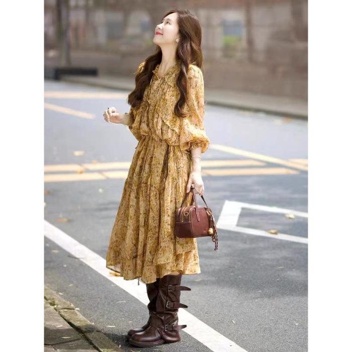 2026 Spring French Retro Floral V-Neck Ruffle Patchwork Dress for Women 2X Large