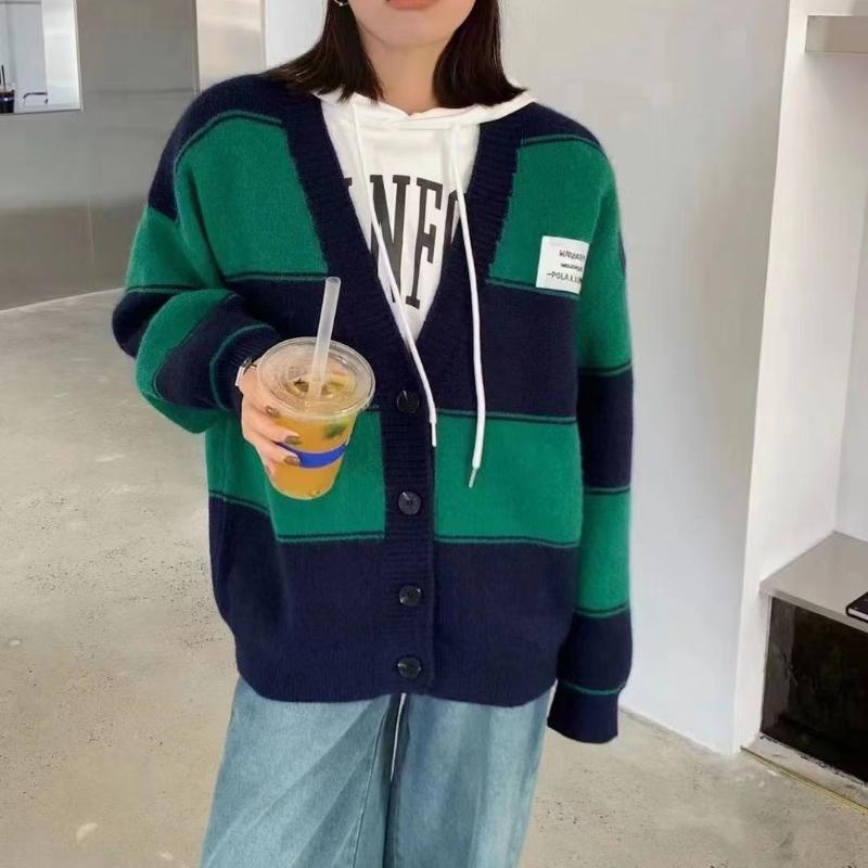 

Контрастный вязаный кардиган женщины 2022 новая свободная мода возраст снижающая свободный ветер V-образный вырез свитер пальто