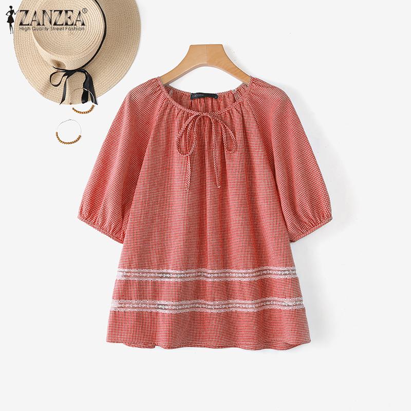 ZANZEA Blusa Casual para Mujer de Cuello Redondo, Manga Corta Holgada con Estampado de Cuadrícula