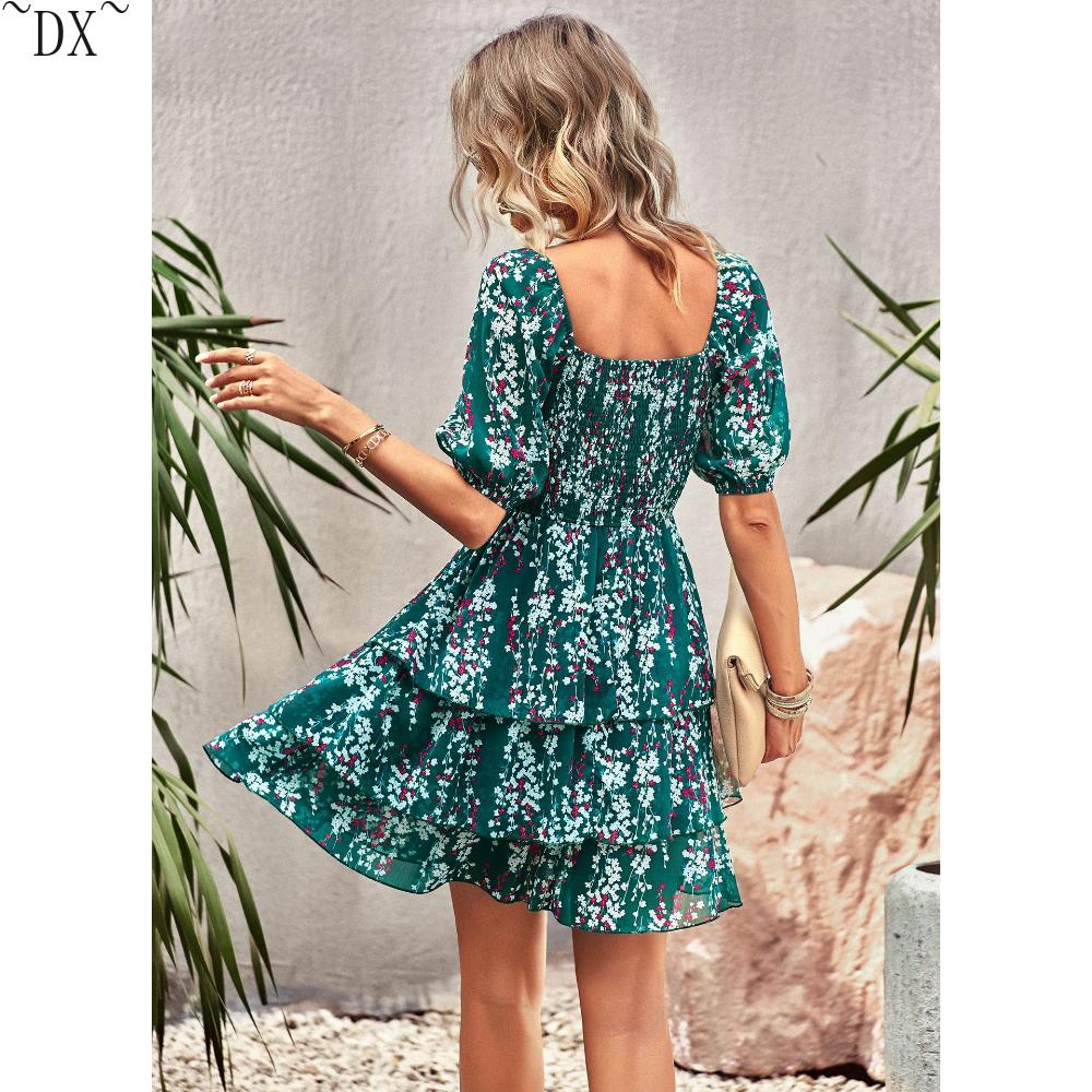 DX~~ Designer Women's Dress Spring and Summer French Square Neck Cake Skirt Independent Station Fashion Resort Women's Wear