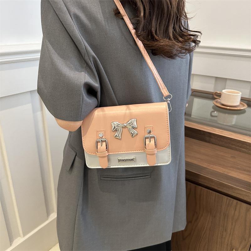 Korean Style Fashion Contrasting Color Postman Bag Women's New Style Bow Small Square Bag Versatile One Shoulder Crossbody Bag