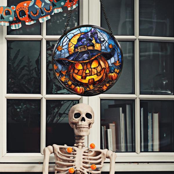 Halloween Luminous Acrylic Circular Design Pumpkin Black Cat Hanging Wall Porch Home Decoration Window Pendant