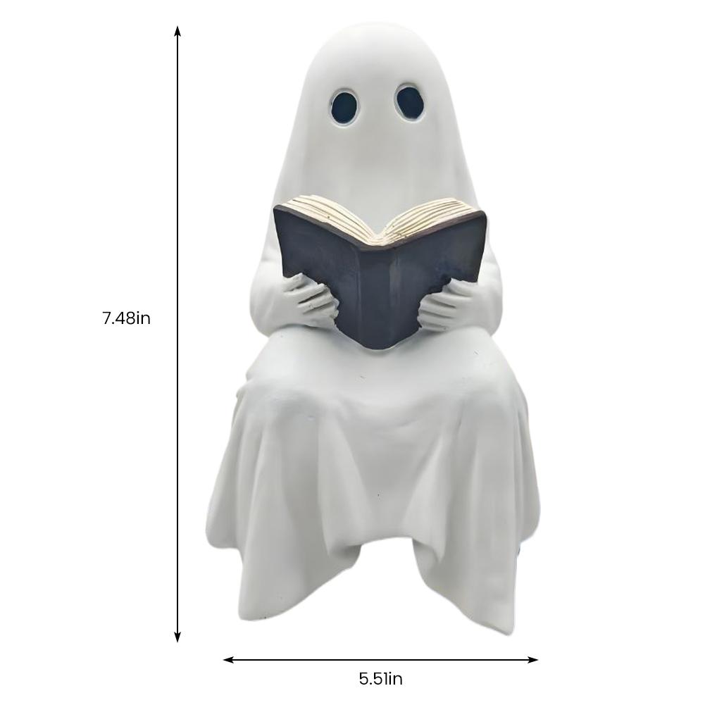 Halloween Cute Ghost Statue Reading Book Ghost Resin Sculpture Ornament Lovely Figurine for Office Home Tabletop Decoration Gift