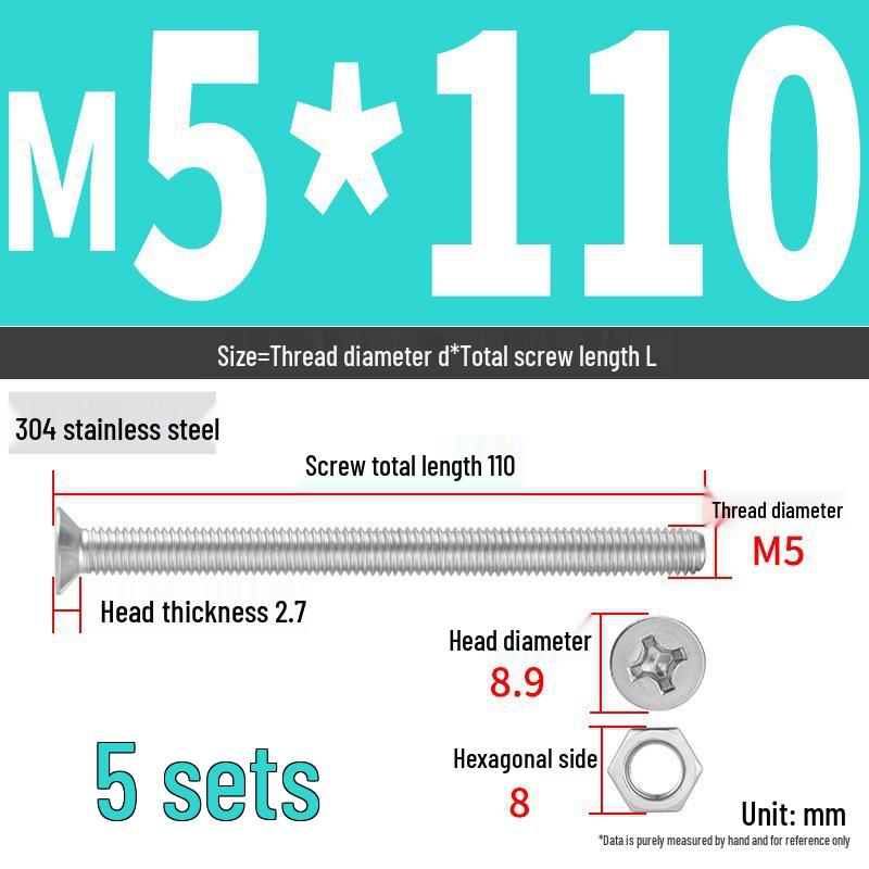 304 Stainless Steel Extra Long Phillips Flat Head Screws and Nuts Set (2M, 3M, 4M)
