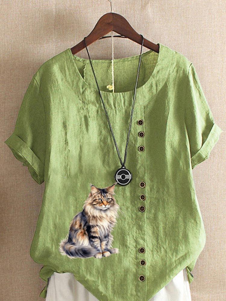 

Women s Fashion Cat Print Round Neck Short Sleeve T-shirt Summer Casual Cotton Linen Graphic Shirt Leisure Loose Blouse Tops 5XL зелений