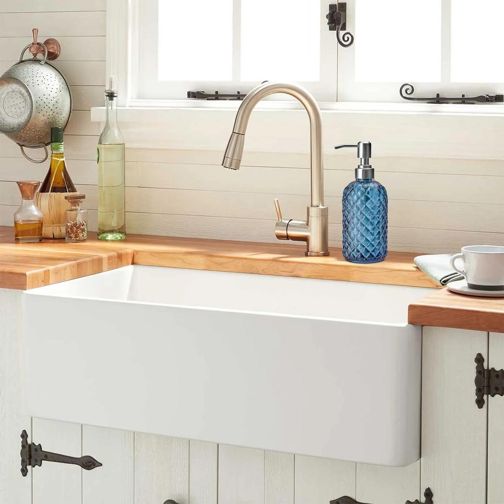 1pc 16oz Blue Soap Dispenser Bathroom, Glass Soap Dispenser with Pump, Gem Patterned Glass Soap Dispenser for Hand Soap