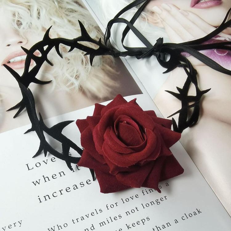 

Adjustable Thorns Pattern Choker Necklace with Fabric Rose Pendant and Ribbon Tie Gothic Style Accessory for Women One Size