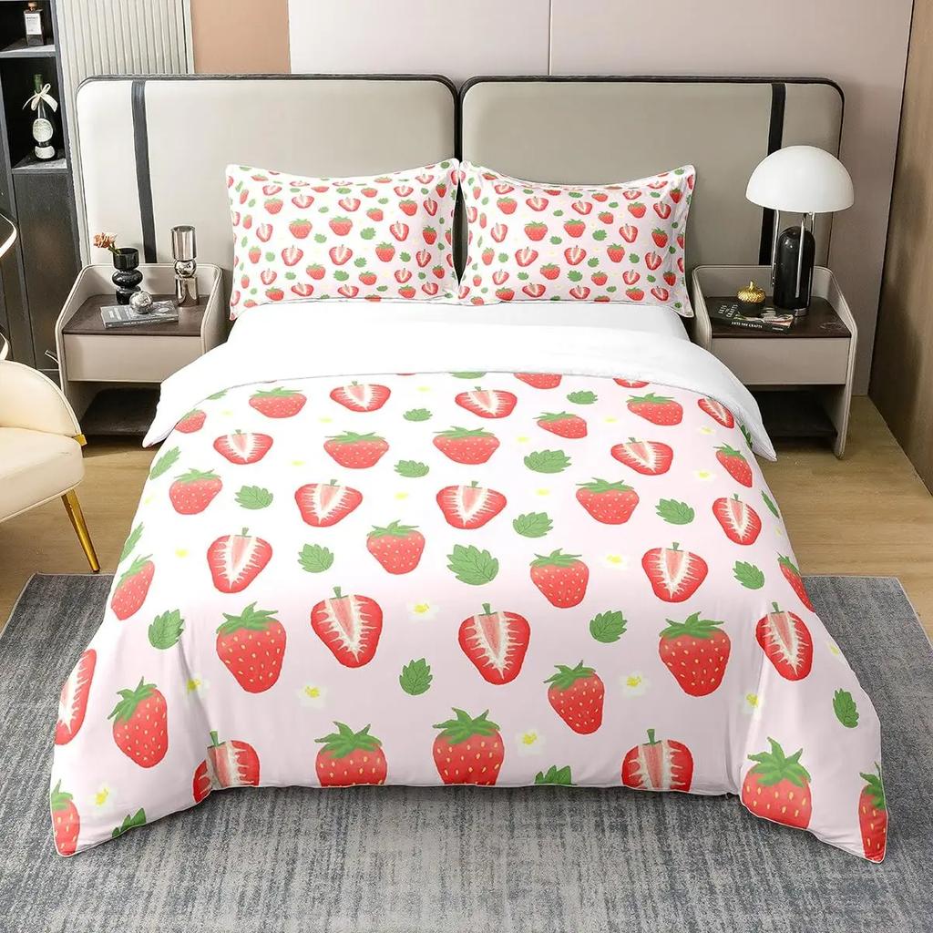Sweet Strawberry Bedding Set Duvet Cover for Kids Children Teens Comforter Cover Bed Room Decor Pink Quilt Cover 3Pcs Full Size