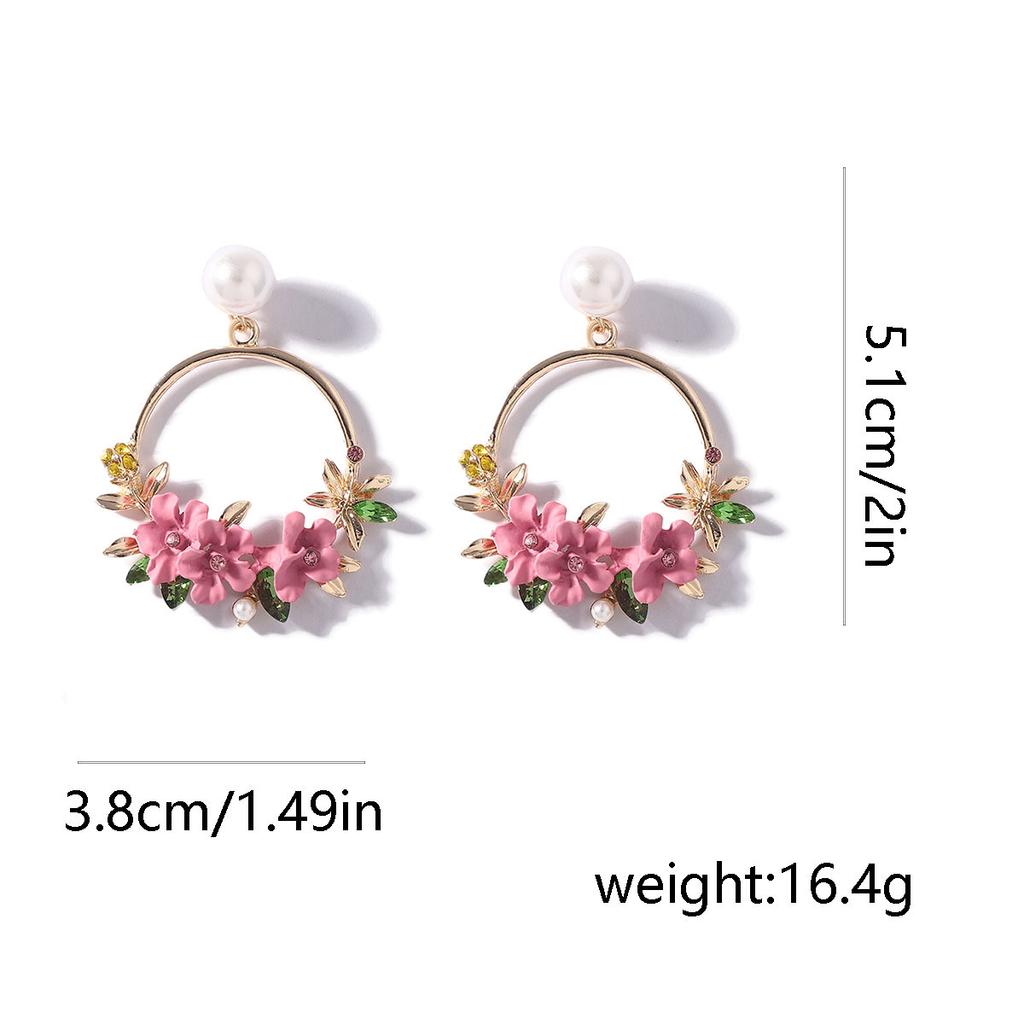 Fashionable country style, sweet and fresh, soft clay flower imitation pearl geometric round earrings, simple and versatile