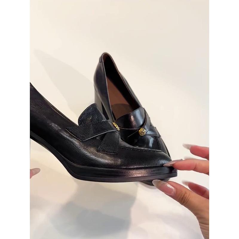 Sheepskin~ Retro Camellia High-heeled Loafers Women's One-pedal Commuting Thick-heeled Single Shoes Temperament Black Small Leather Shoes