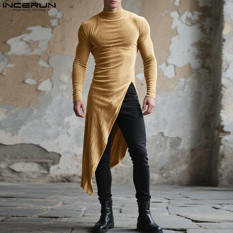 INCERUN Autumn Men Turtleneck Long Sleeve Texture Rib Irregular Tunic Tops Pullovers