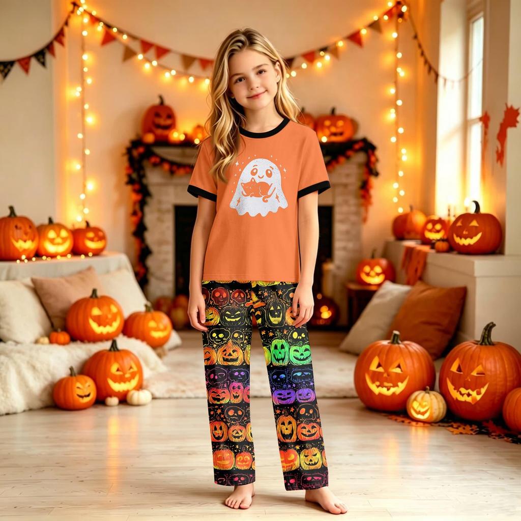 Family Matching Halloween Print Pajama Set Short Sleeve Top and Pants for Mom Kids
