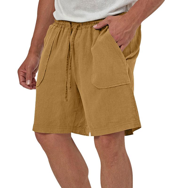 Men Linen Casual Shorts, Elastic Drawstring Waist Big Patch Pocket Loose Fit Lightweight Summer Beach Walking Shorts With Side Pockets Multiple Colors