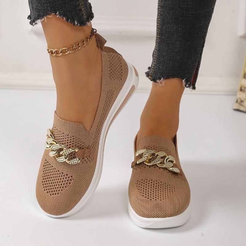 Fashion Autumn New Flat Shoes Women's Fashion Round Head Flannelette Mesh Hollow Metal Chain Soft Sole Non-slip Single Shoes