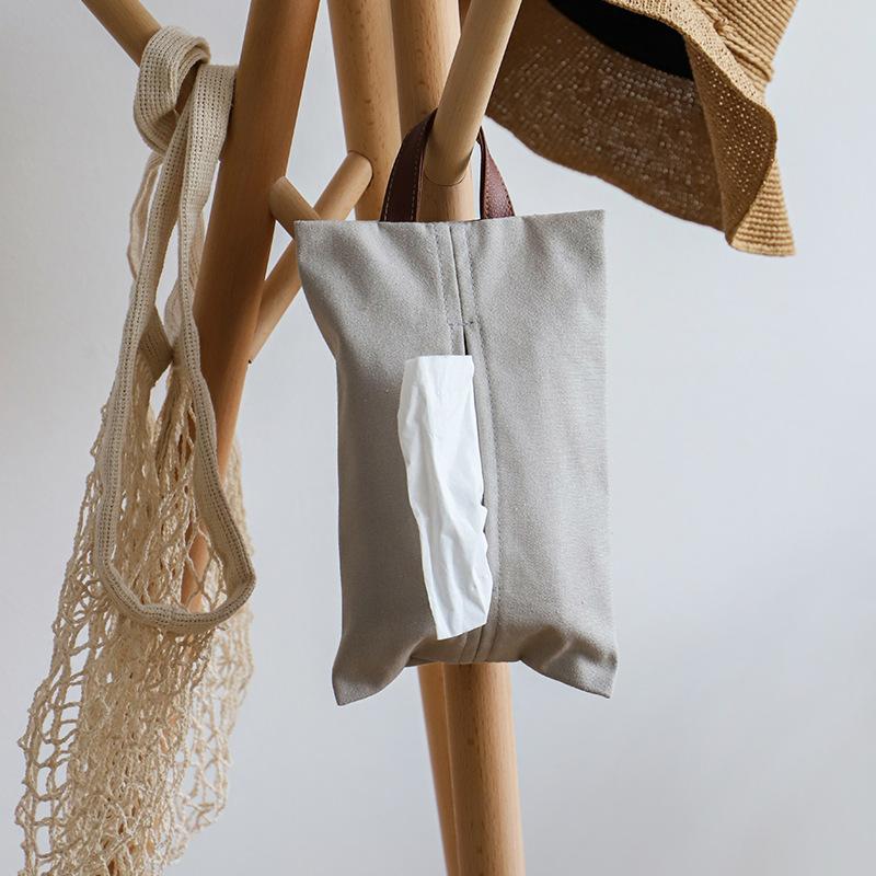 Cotton Linen Fabric Tissue Set Living Room Household Dining Table Paper Box Hanging Car Tissue Storage Bag Tissue Bag(Leather handle light gray)