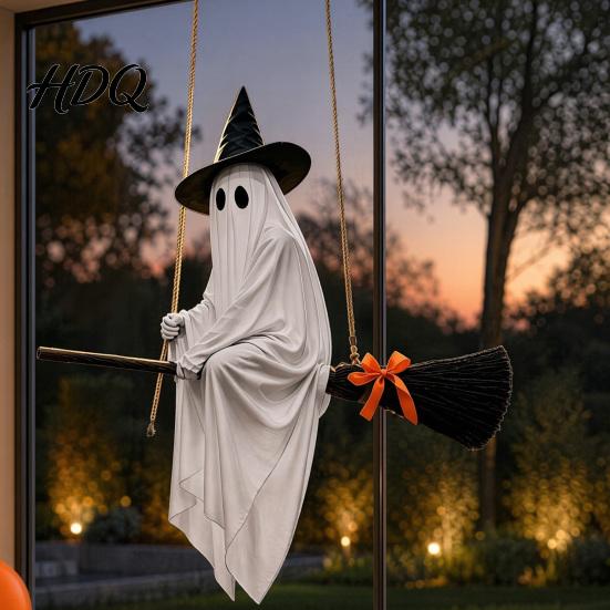 Glowing Ghost Hanging Ornament Halloween Decoration with Witch Hat and Broom Spooky Flying Cute Broom for Haunted House Porch Tree Yard Indoor