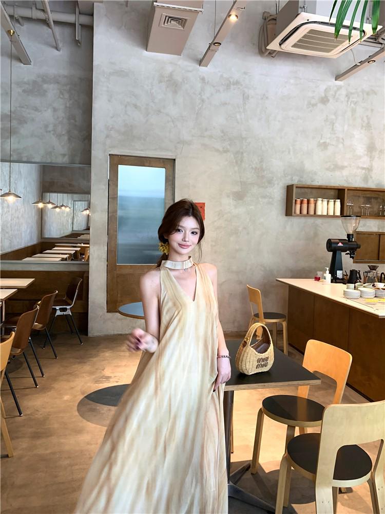 2026 French Yellow Spaghetti Strap Sleeveless Dress for Women - Summer Beach Fairy Long Dress